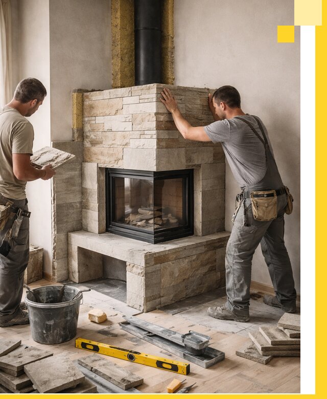 Угловые камины под ключ проект, монтаж и отделка в Мценске